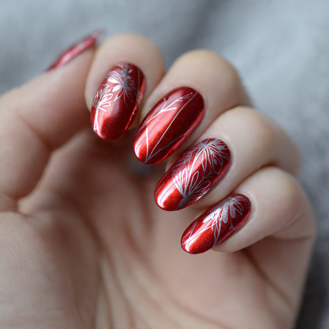 red chrome with metallic line art nature look nail
