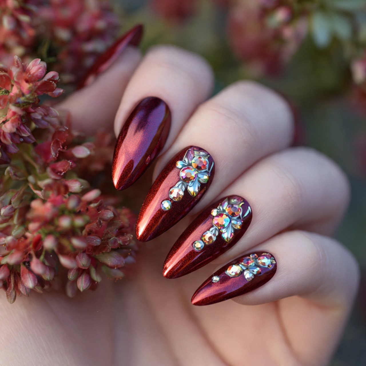 red chrome with swarovski crystals nature look nai