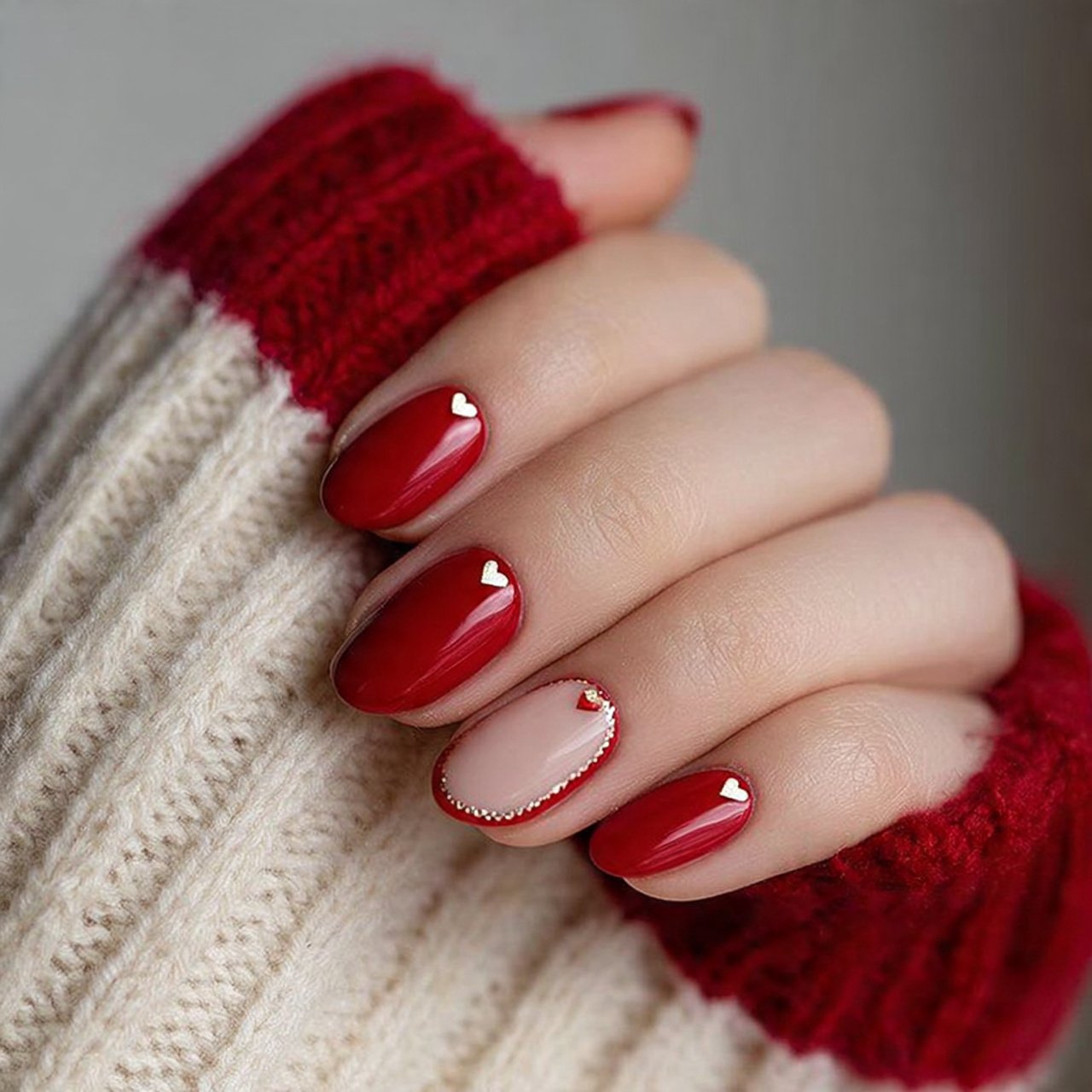 red french nails with micro heart accents attracti