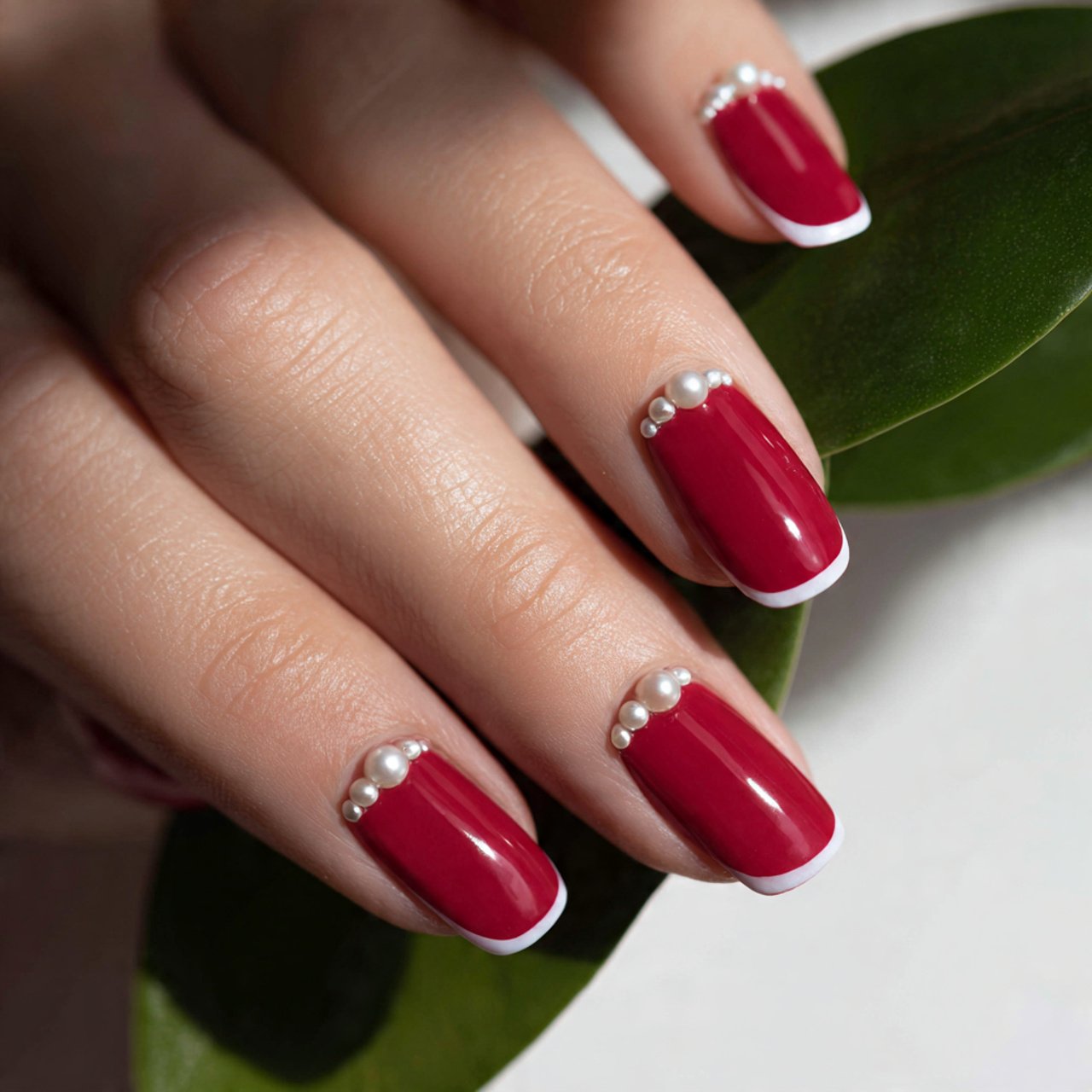 red french nails with pearl accent details nature