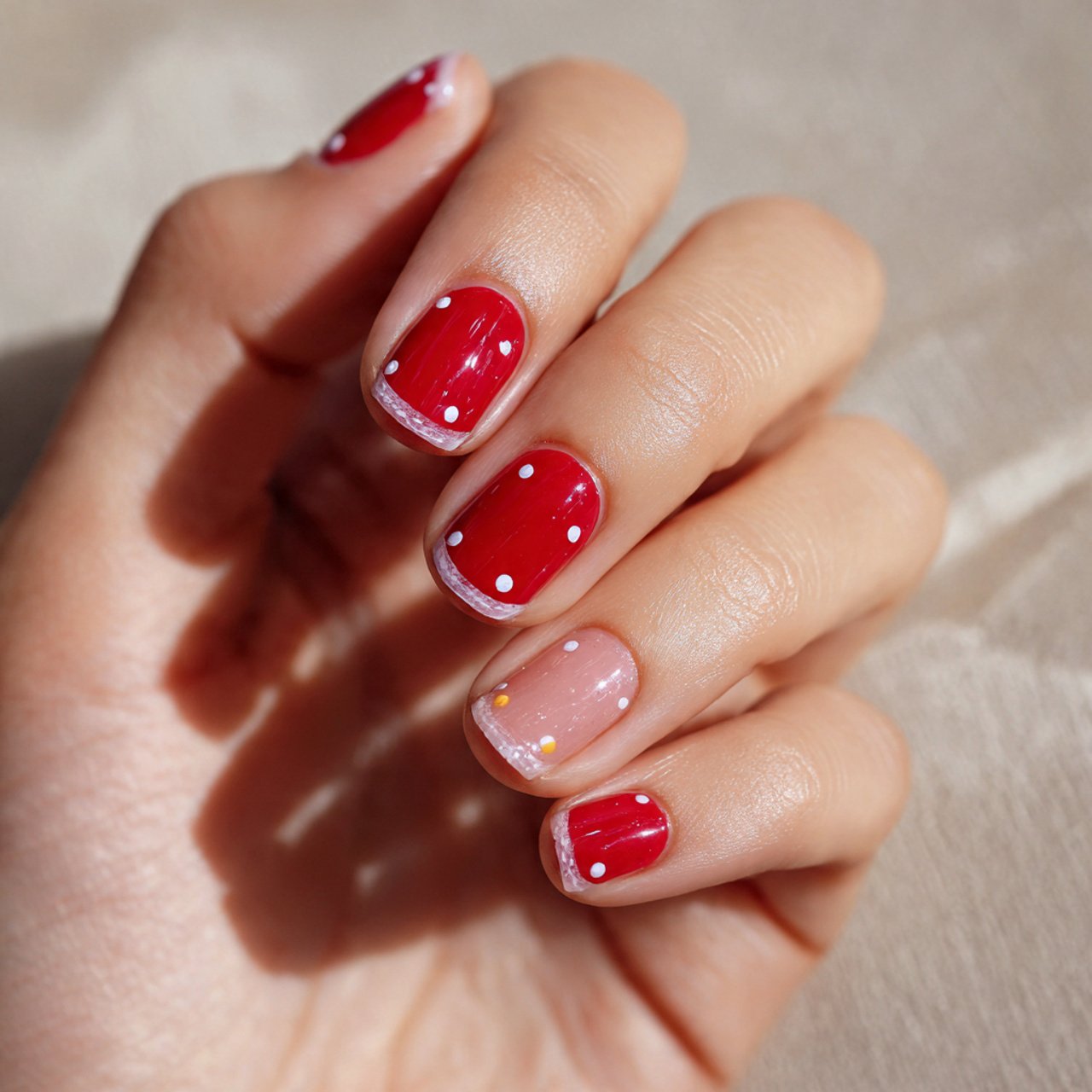 red french nails with tiny cuticle dots nails
