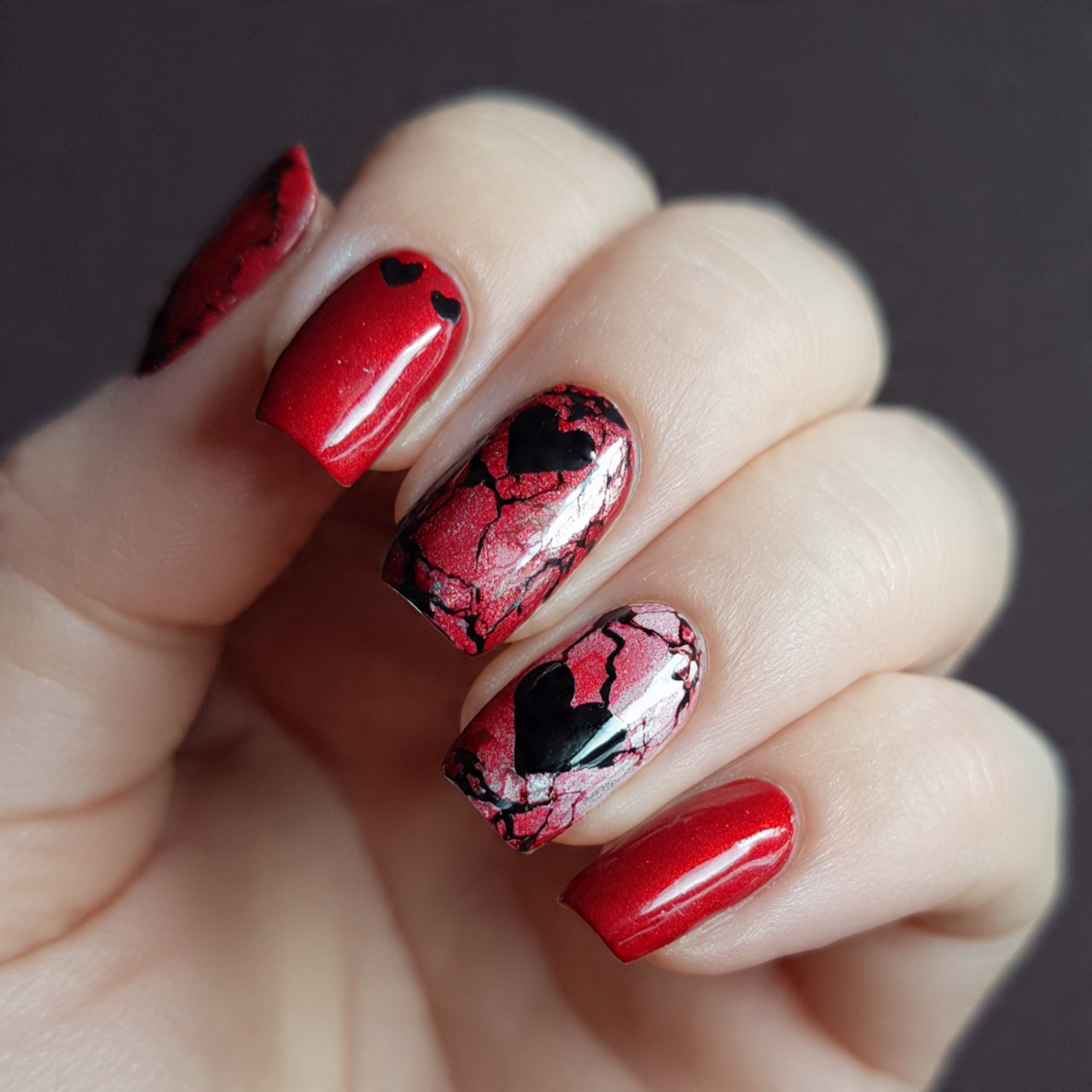 red nails with black hearts nature look nails