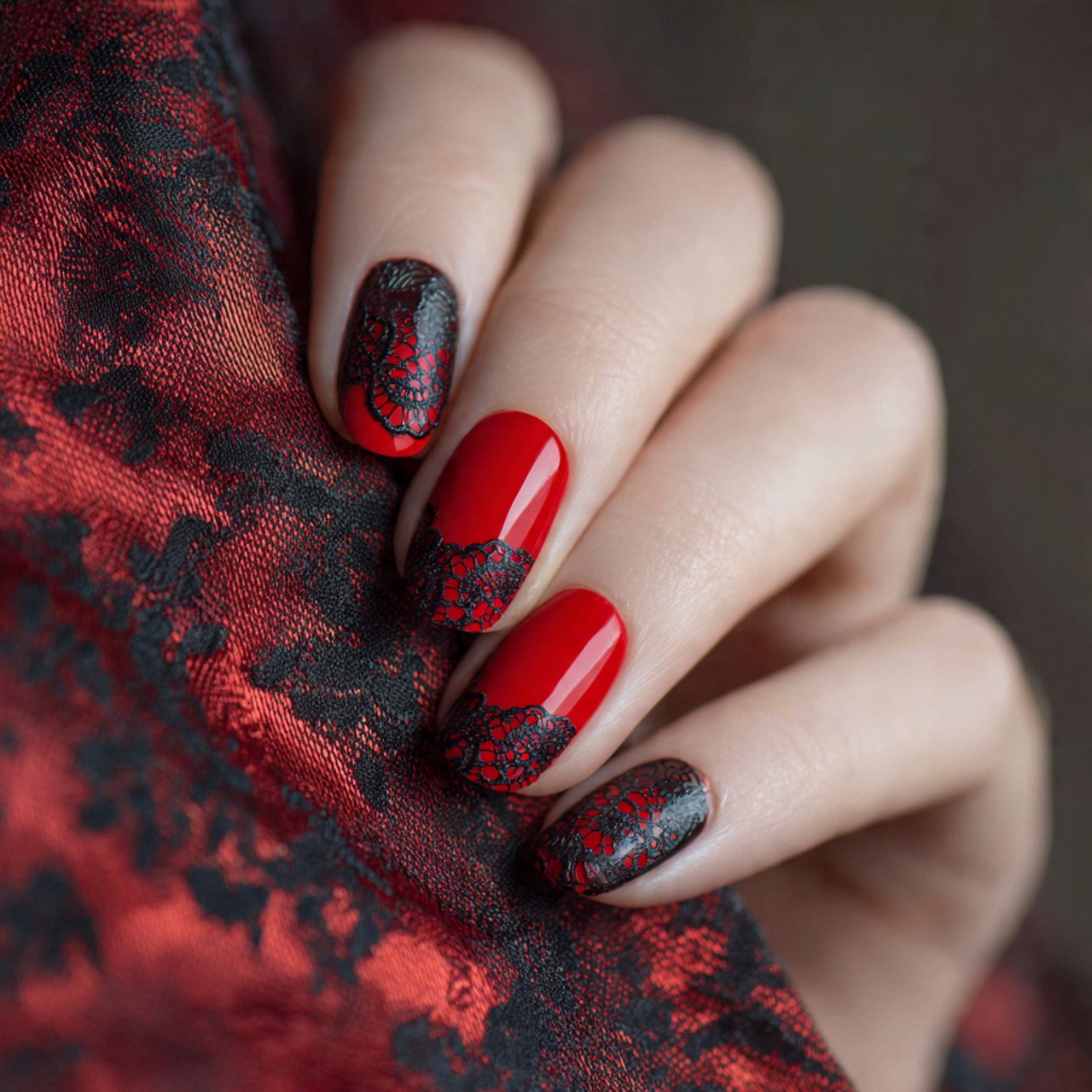 red nails with black lace design nature look nails