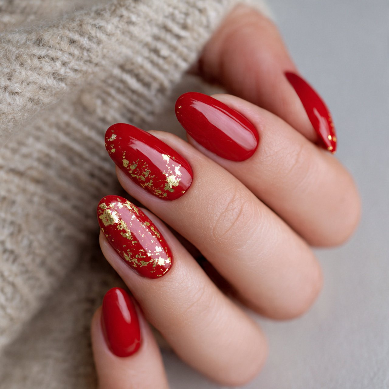 red nails with gold confetti attractive look nails