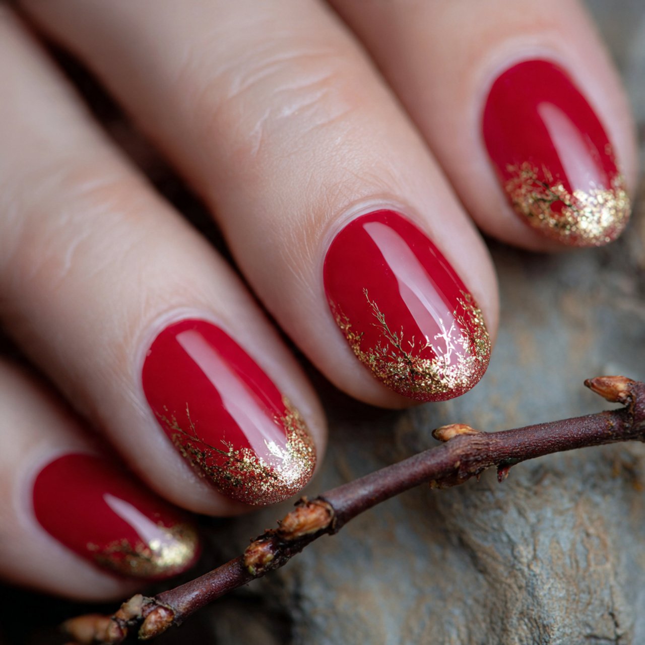 red nails with gold glitter tips nature look nails