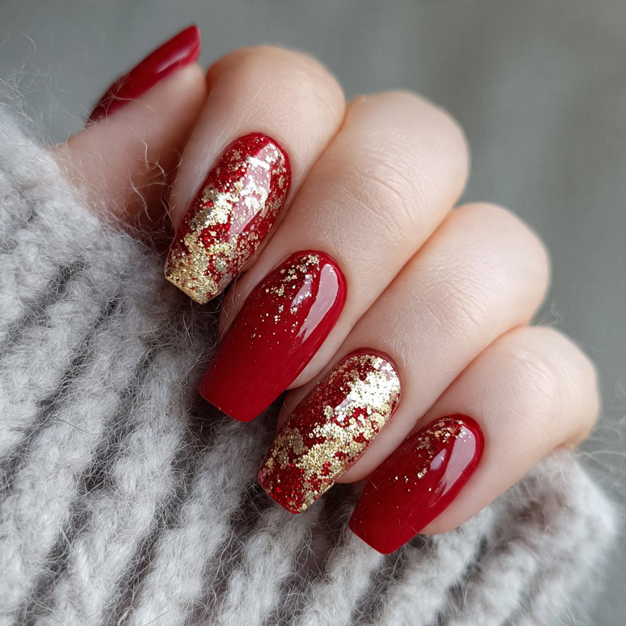 red nails with gold holographic glitter attractive
