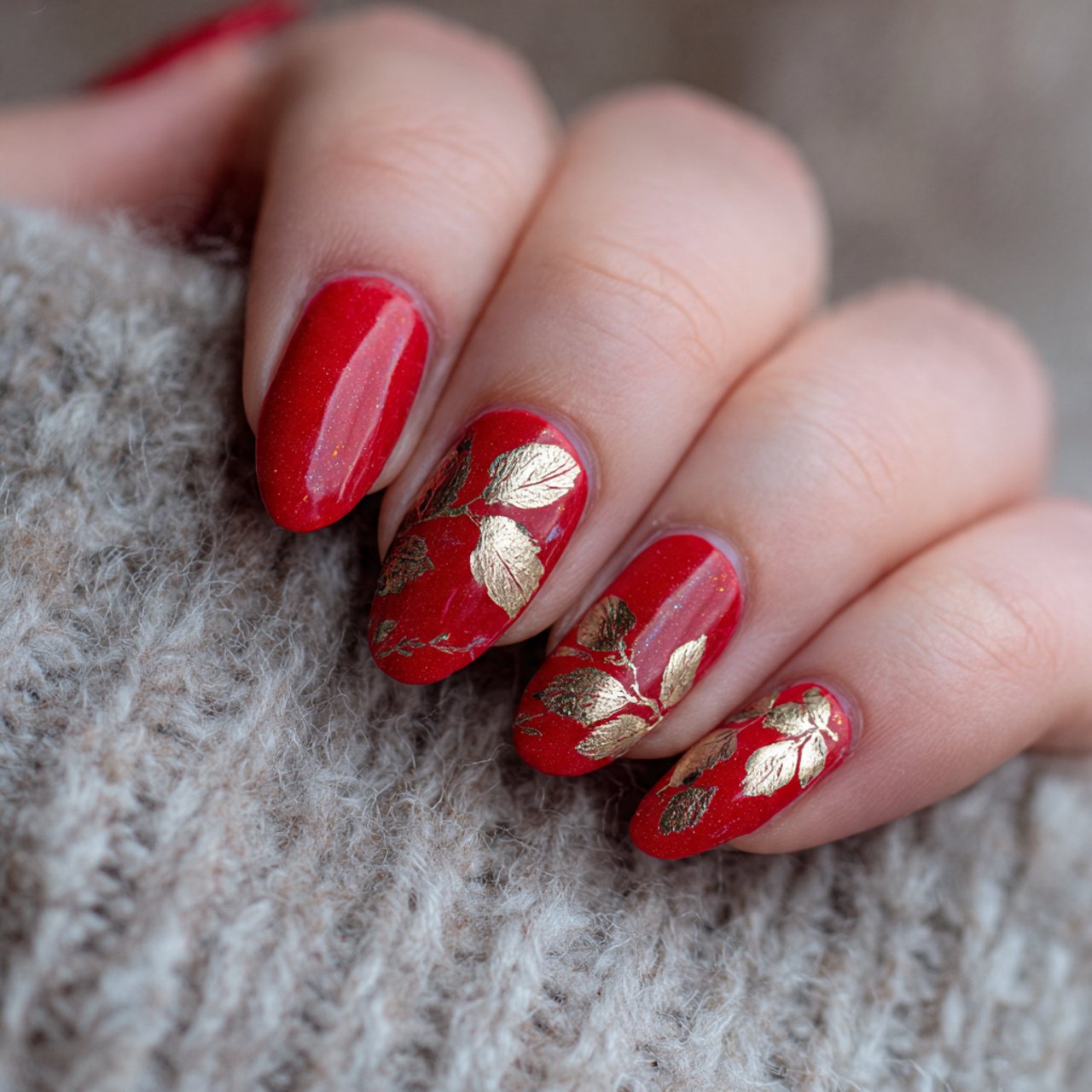 red nails with gold leaf design nature look nails