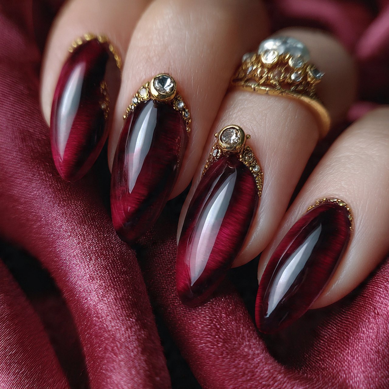 red velvet cat eye french nails image