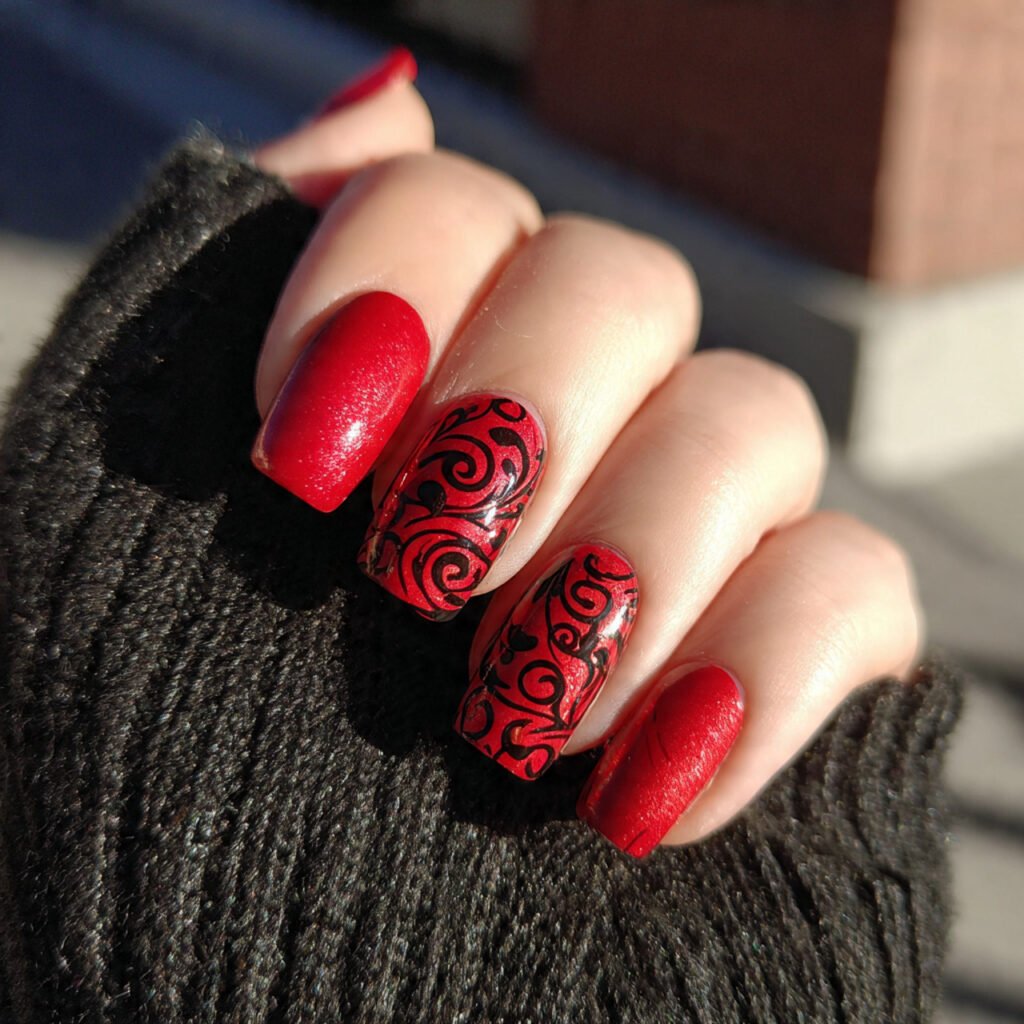 red with abstract swirls attractive nails