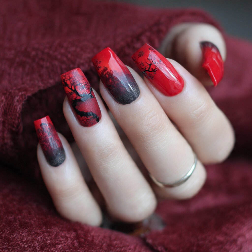 red with black accents nature look nails