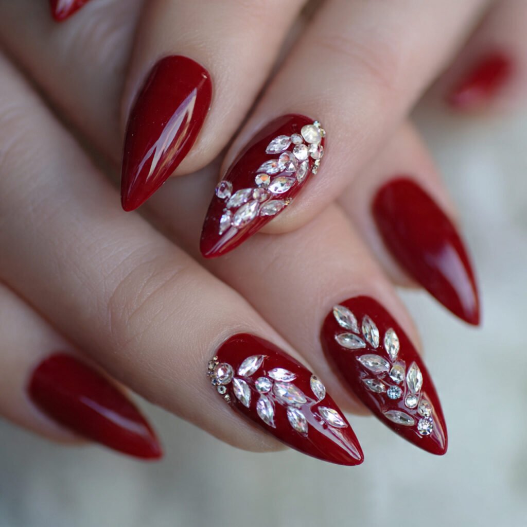 red with crystal detailing nature look nails