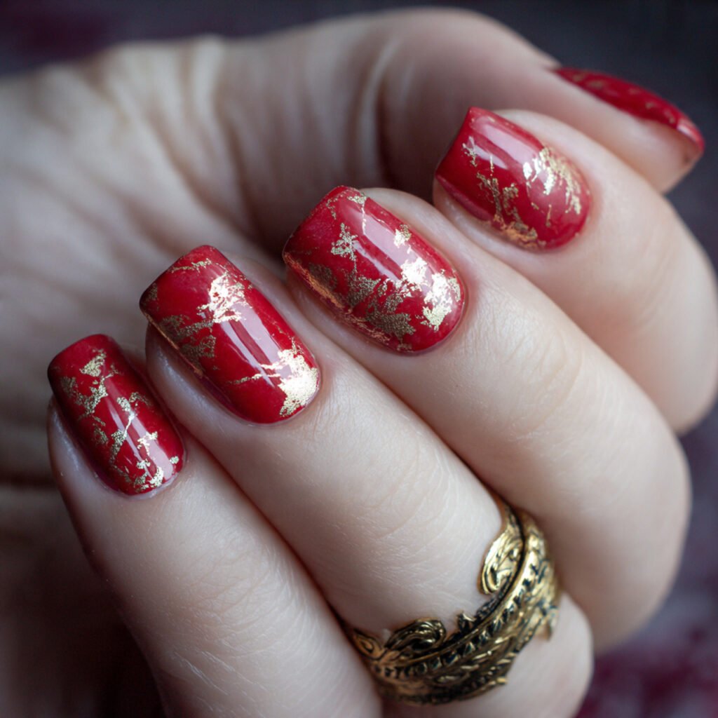 red with gold foil attractive nails 1