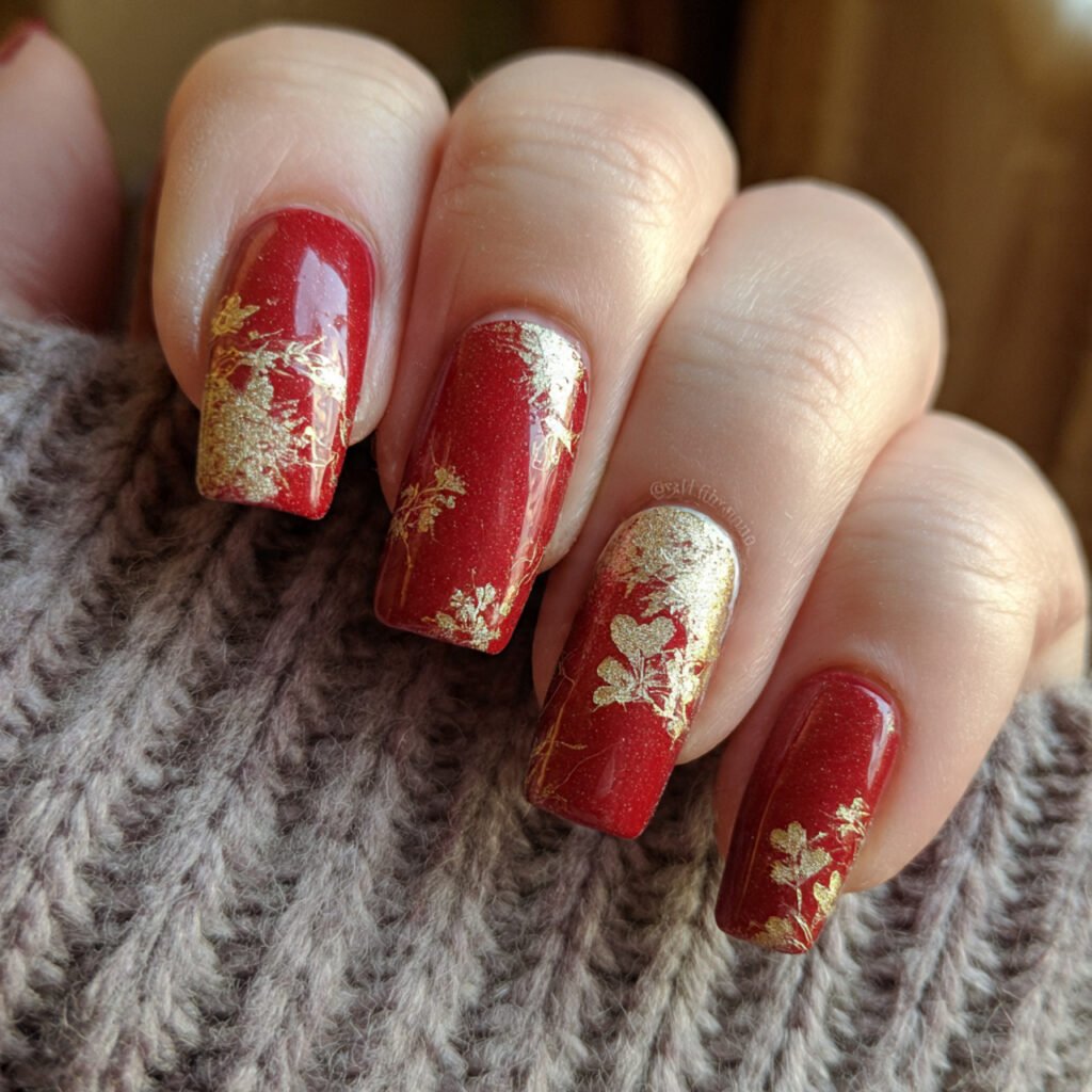 red with gold foil nature look nails