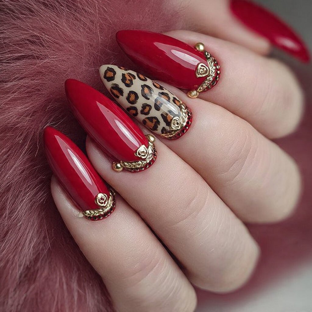 red with leopard print accents attractive nails 1