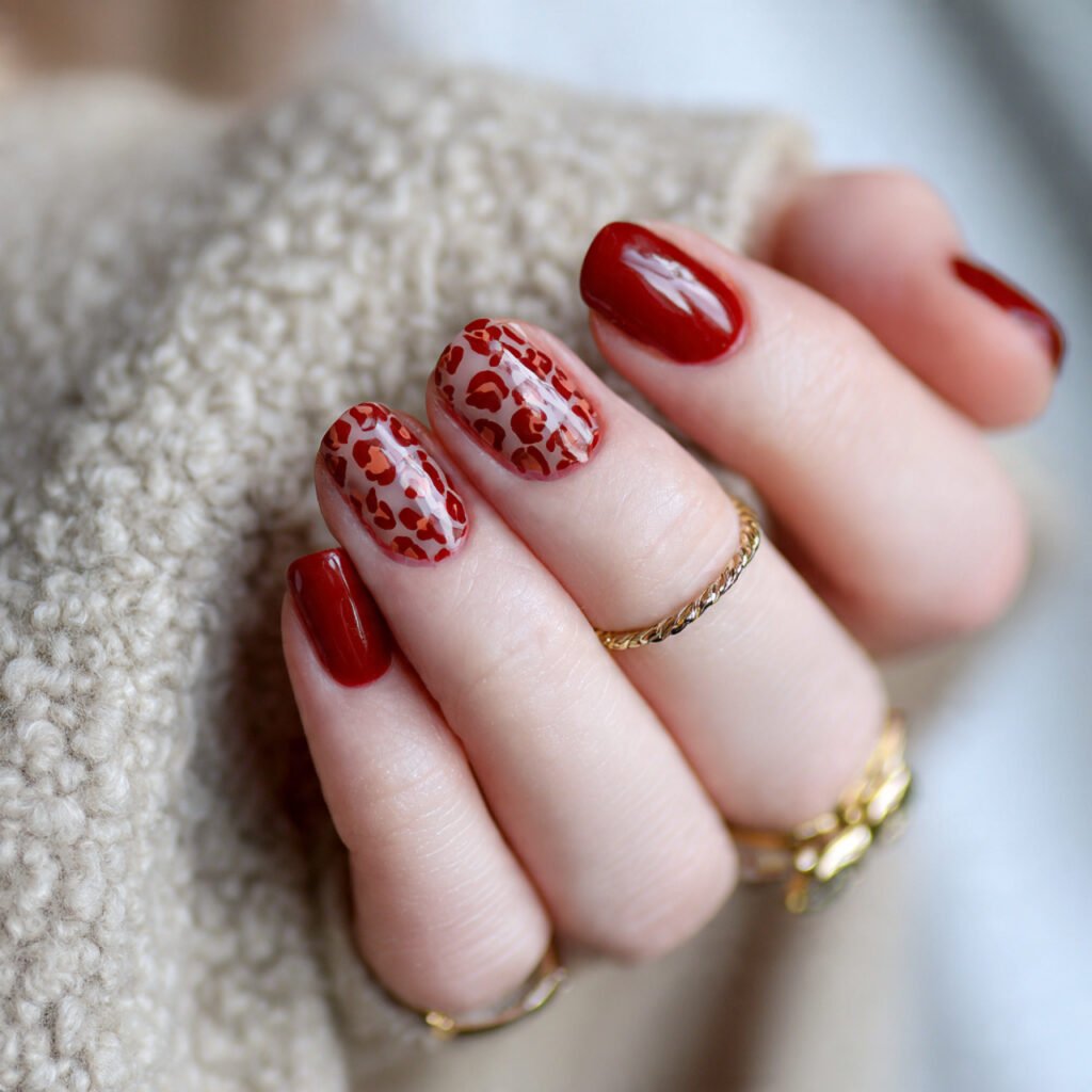 red with leopard print nature look nails