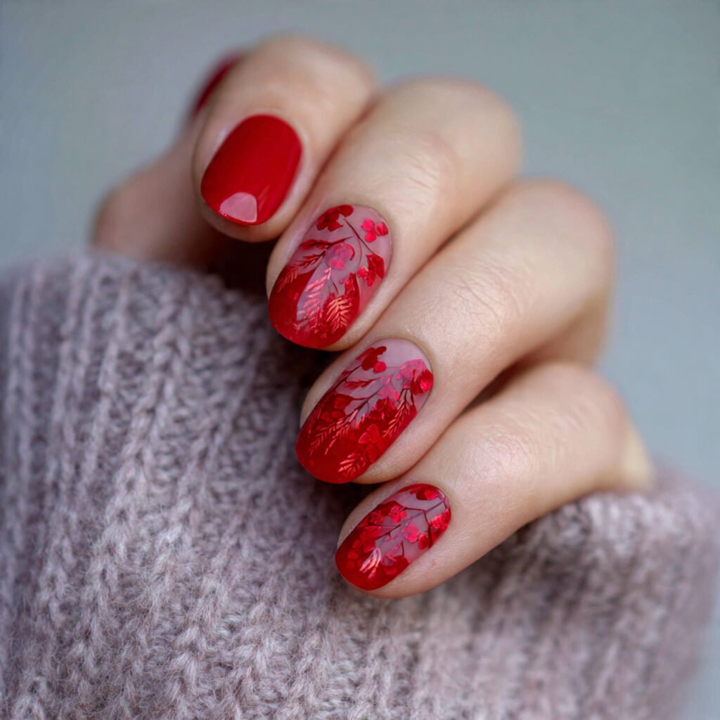 red with negative space design nature look nails