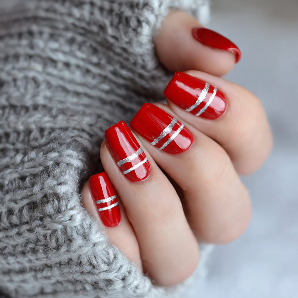 red with silver lines attractive nails