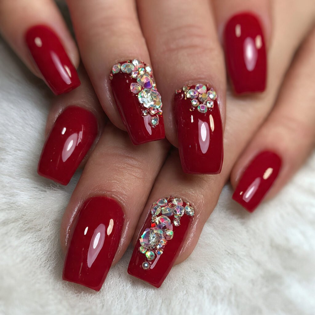 red with sparkling rhinestones nails 1