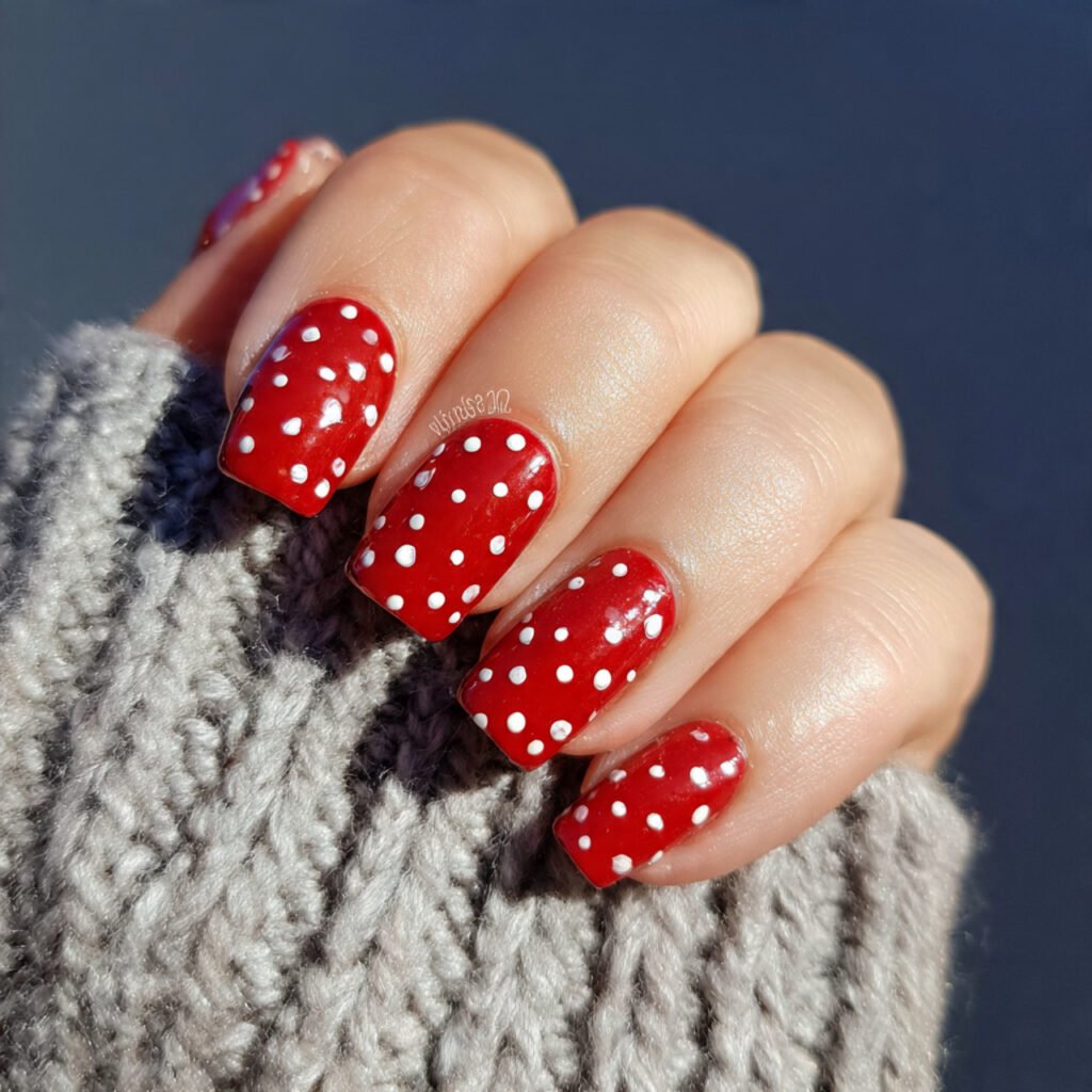red with white dots nature look nails