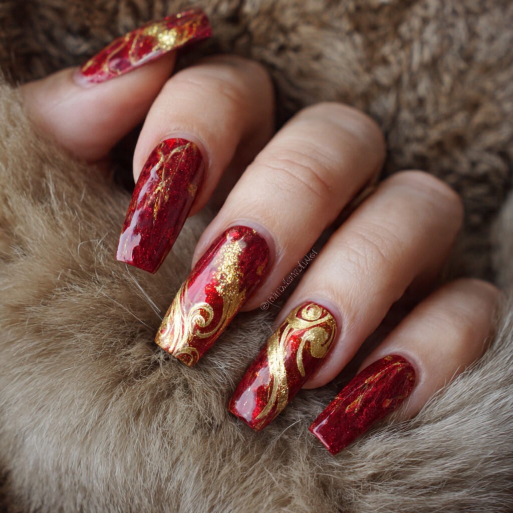 red gold foil accent nails creative