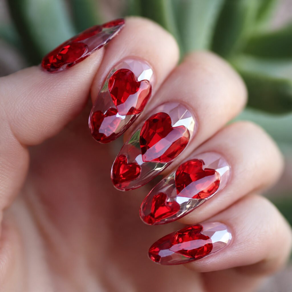 red love heart on clear nails cool