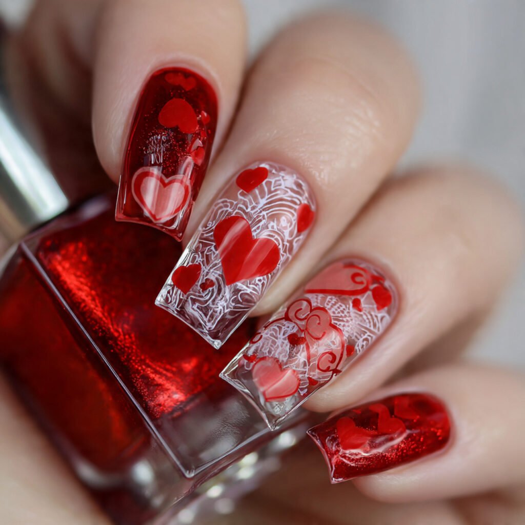 red with clear heart stencils nails