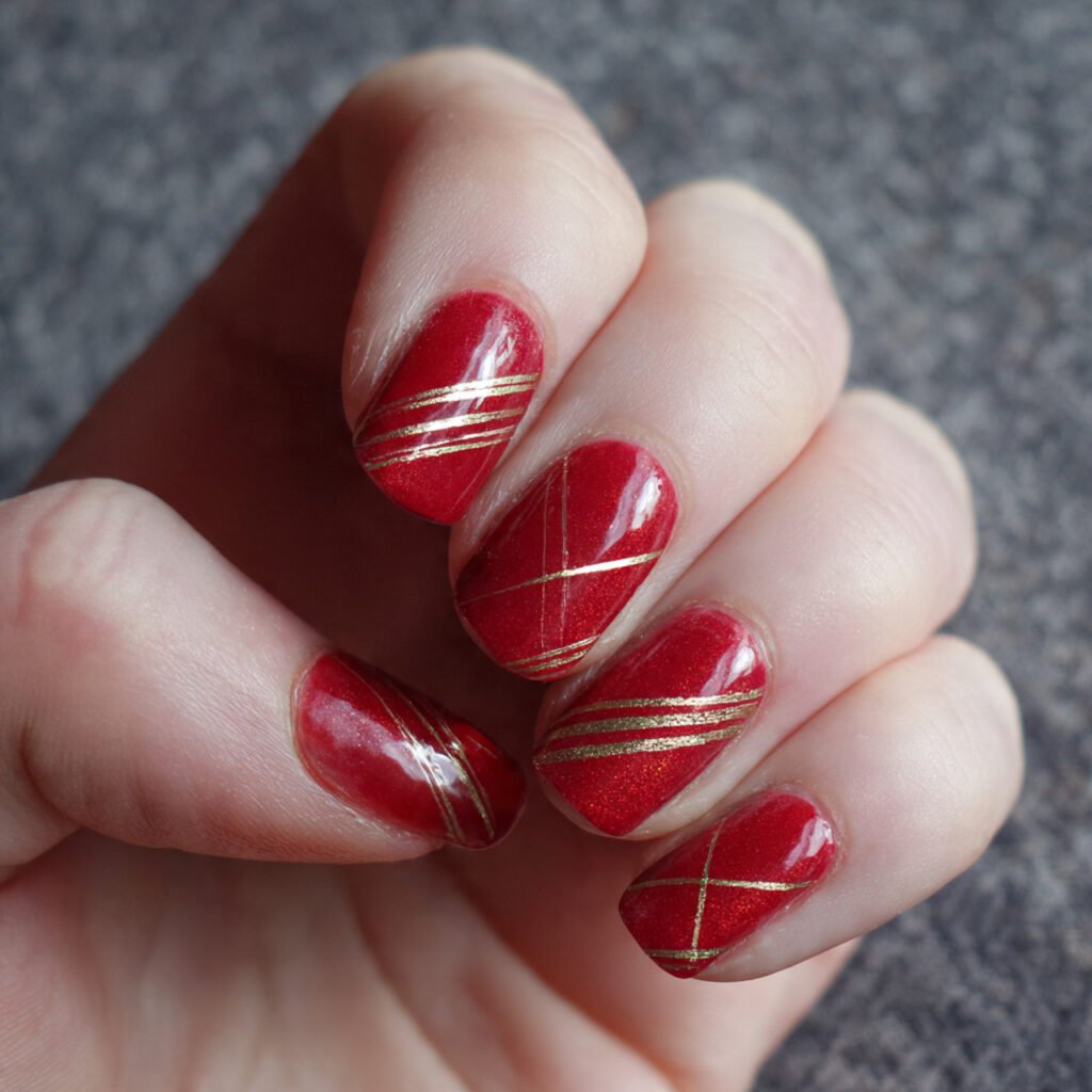 red with gold lines attractive nails