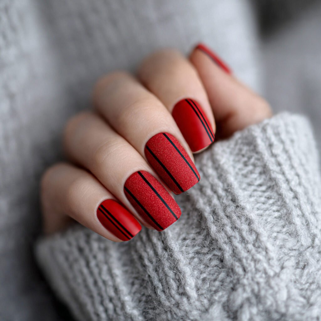 red with minimalist black lines attractive nails