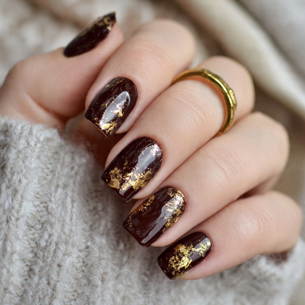 rich chocolate brown with gold leaf detailing nail