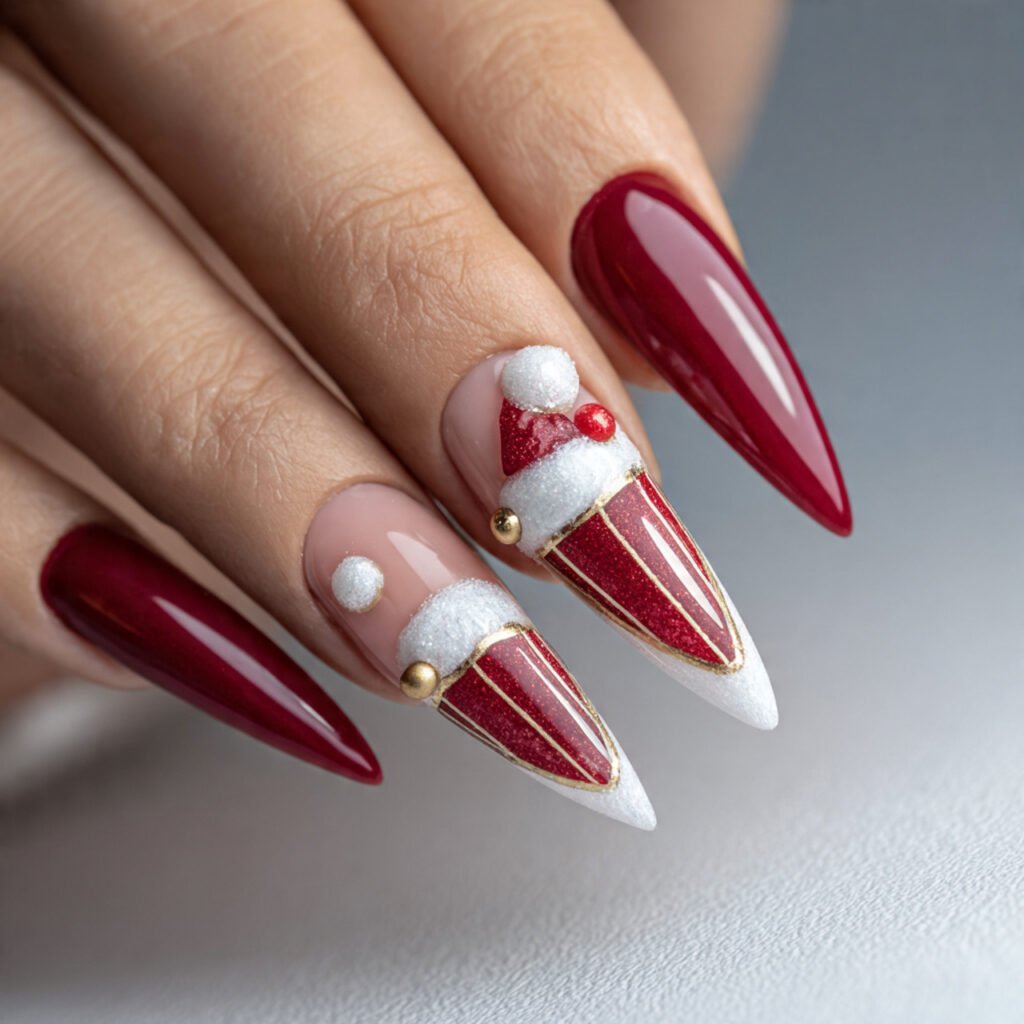 santa hat accent on acrylic attractive nails