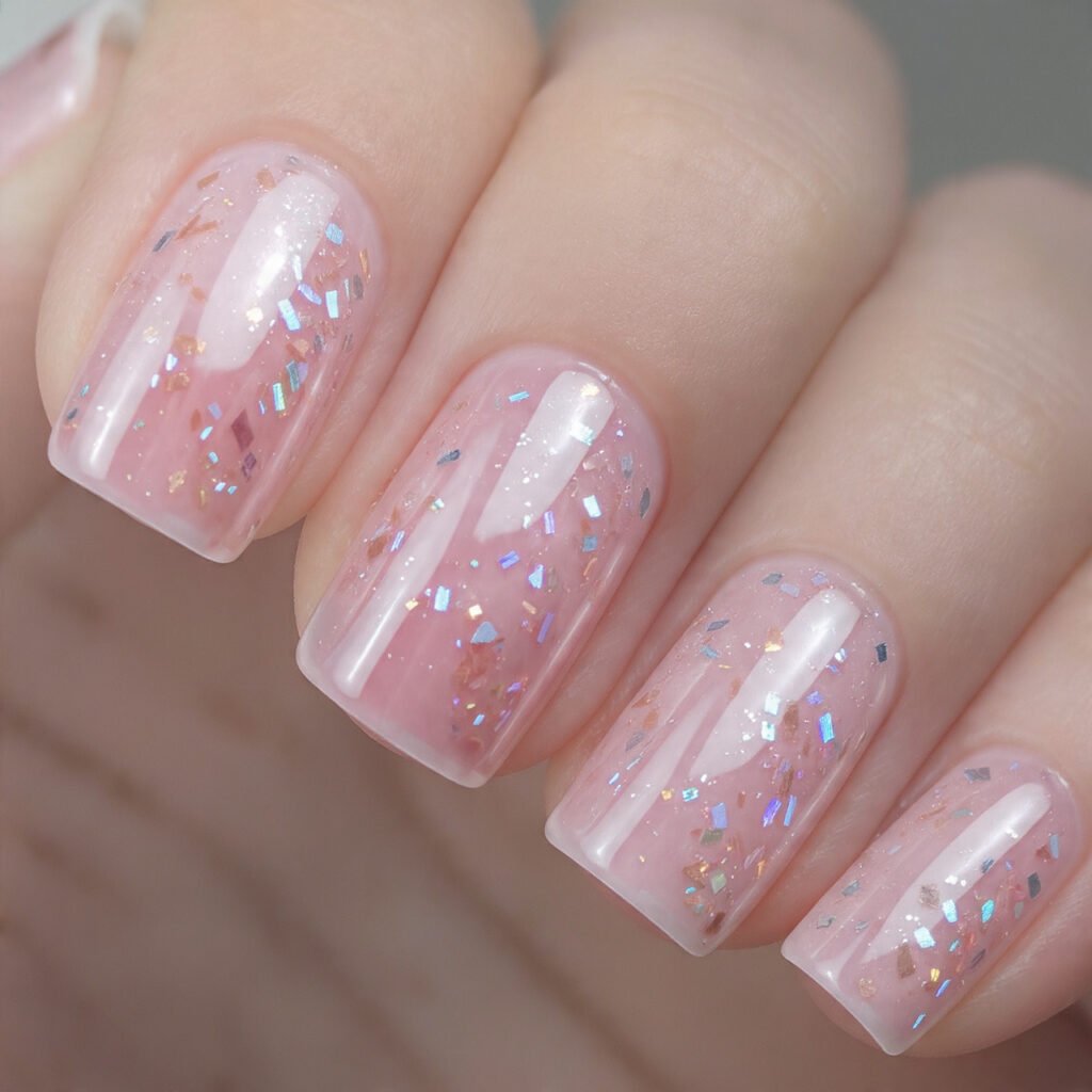 sheer pink glass nails with holo flakes attractive