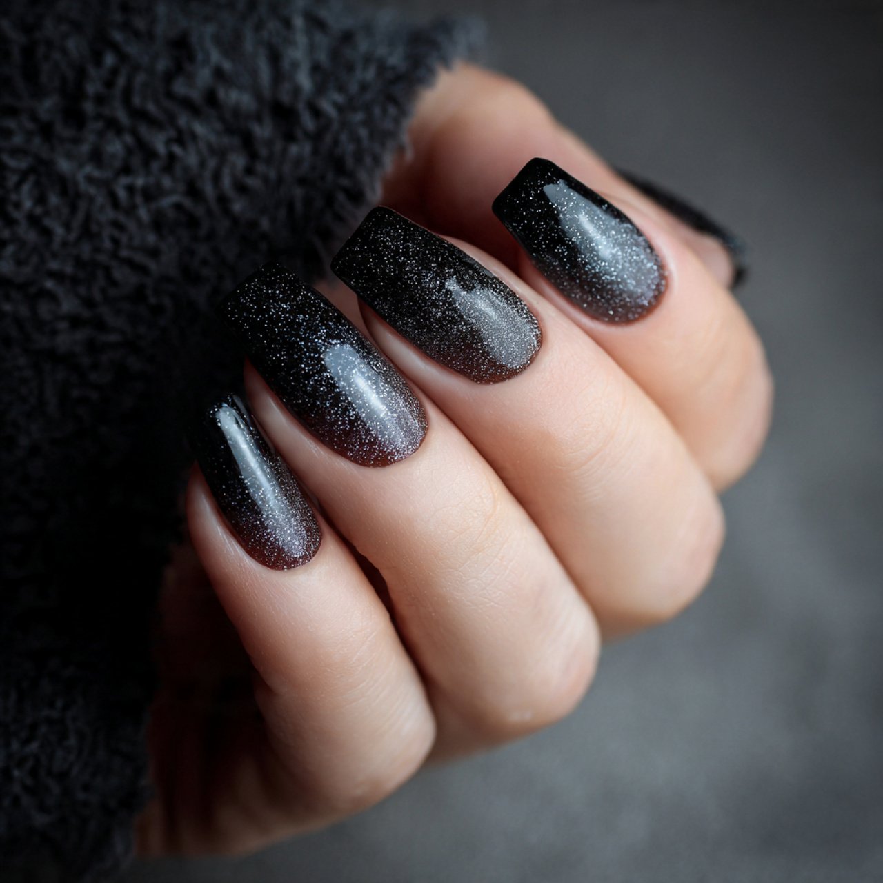 short black glitter ombr nature looks nails