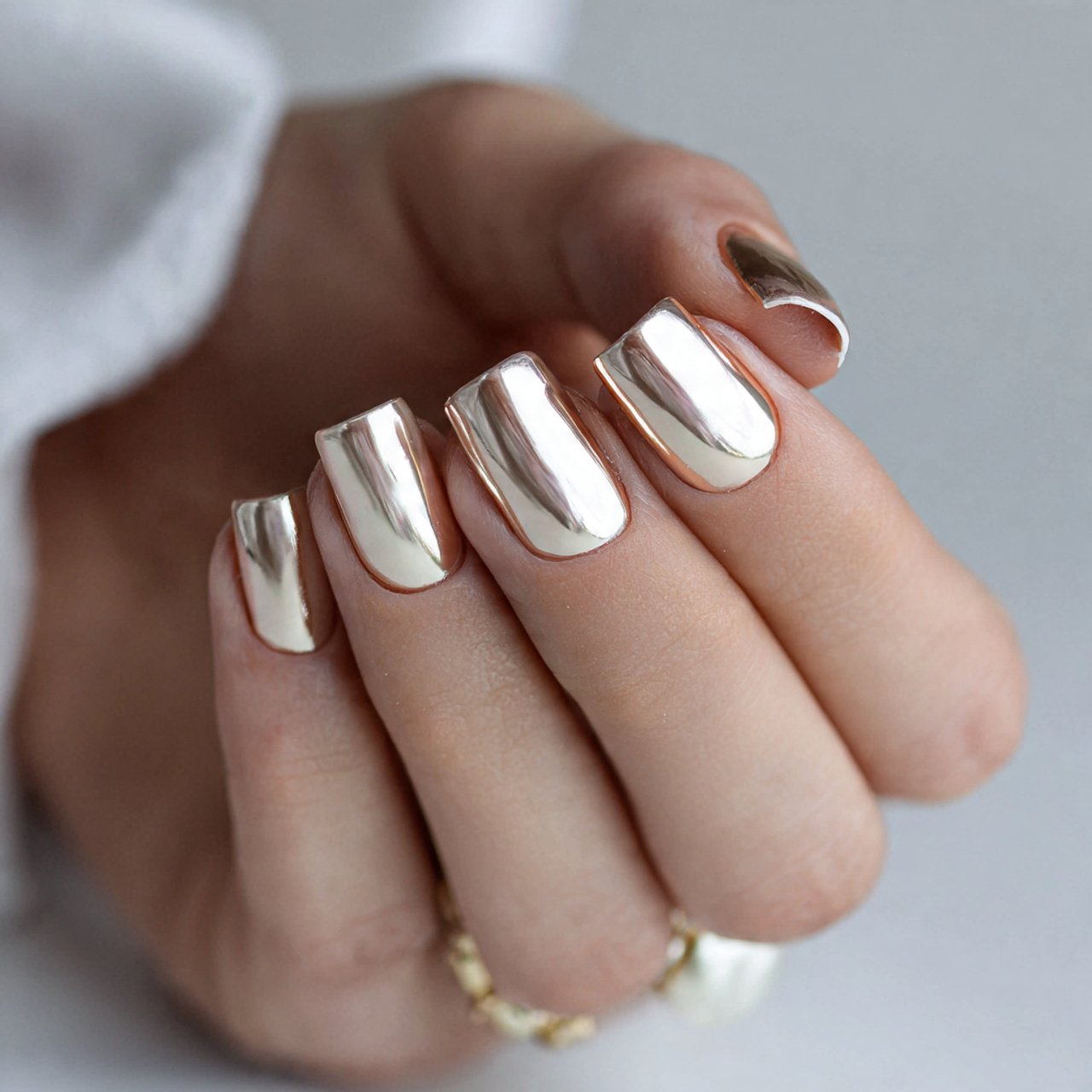 short square beige chrome nails nature looks nails