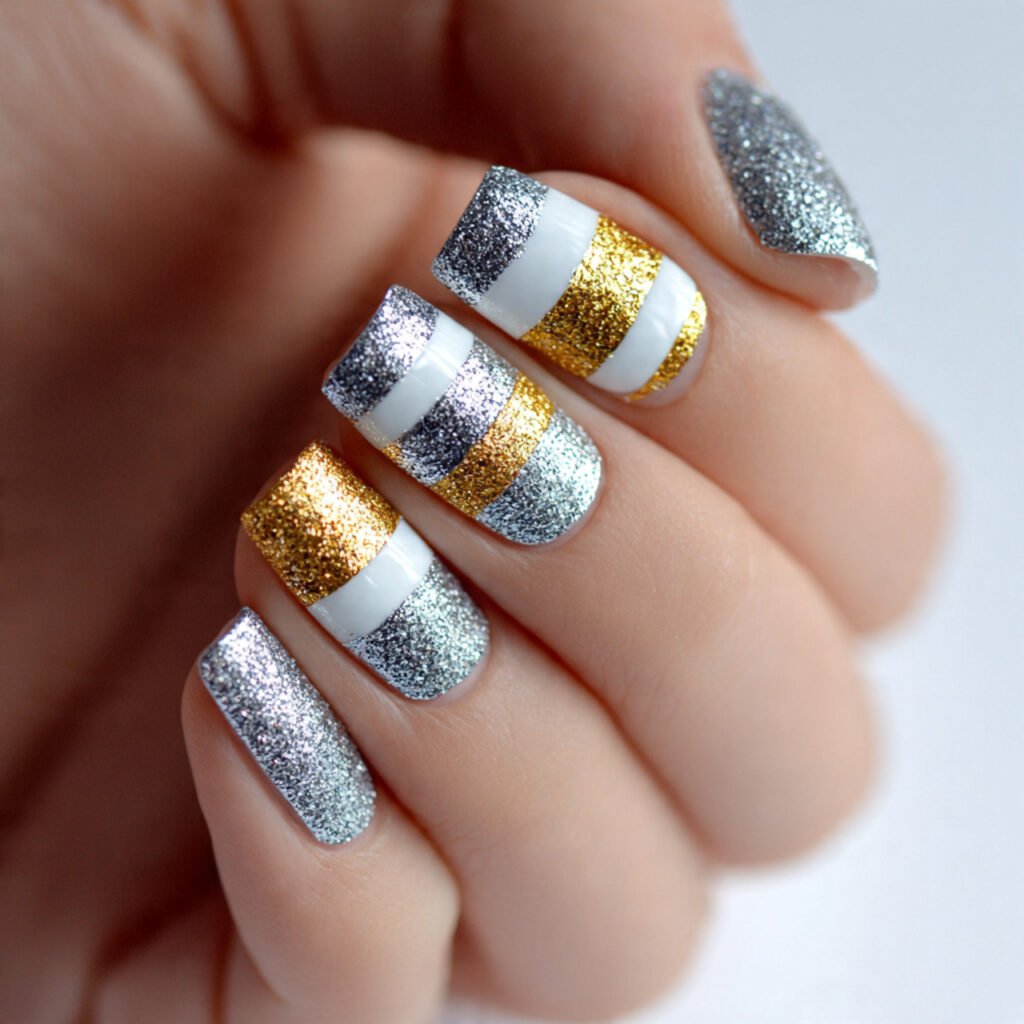 silver and gold stripes attractive nails