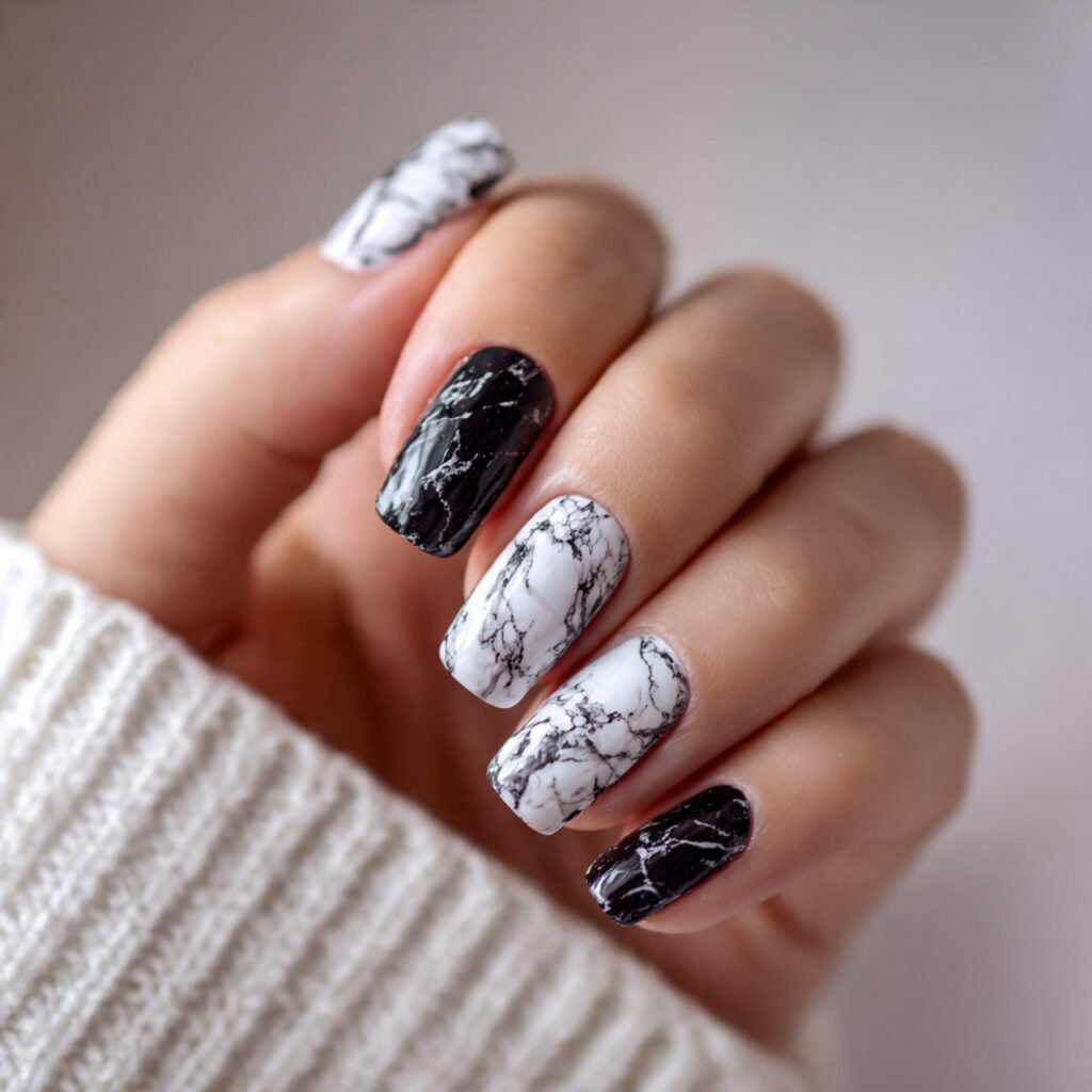 simple black and white marble attractive nails