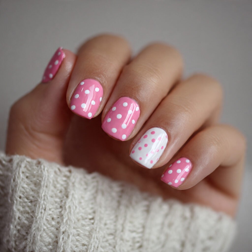 simple pink and white dots attractive nails