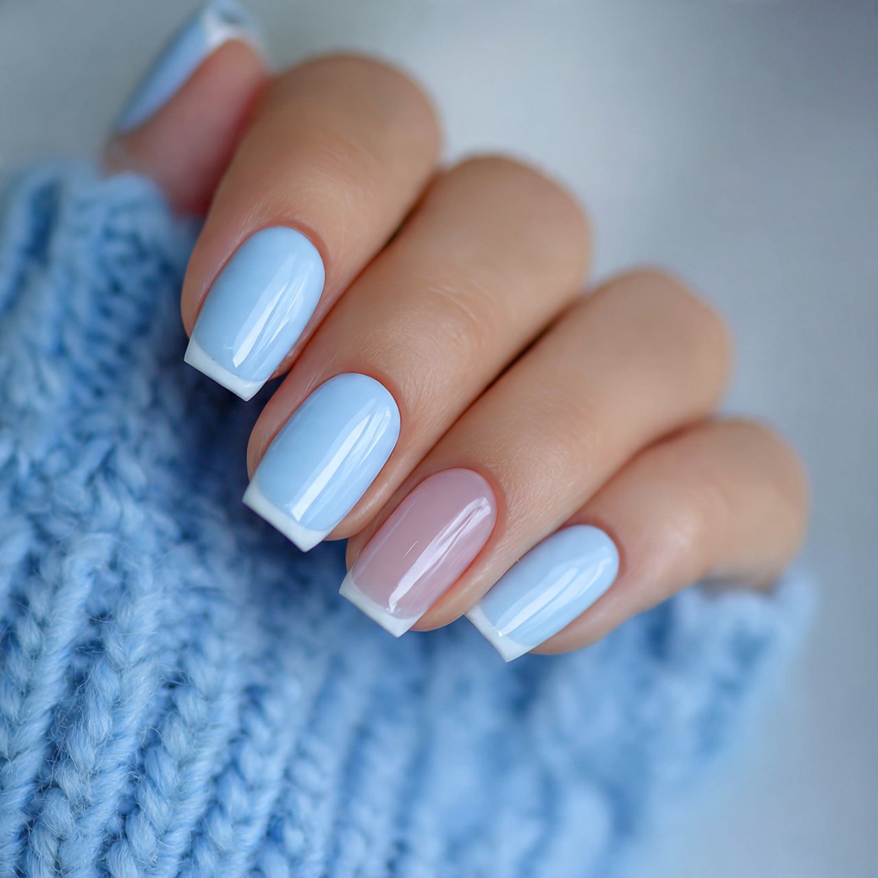sky blue micro french attractive nails