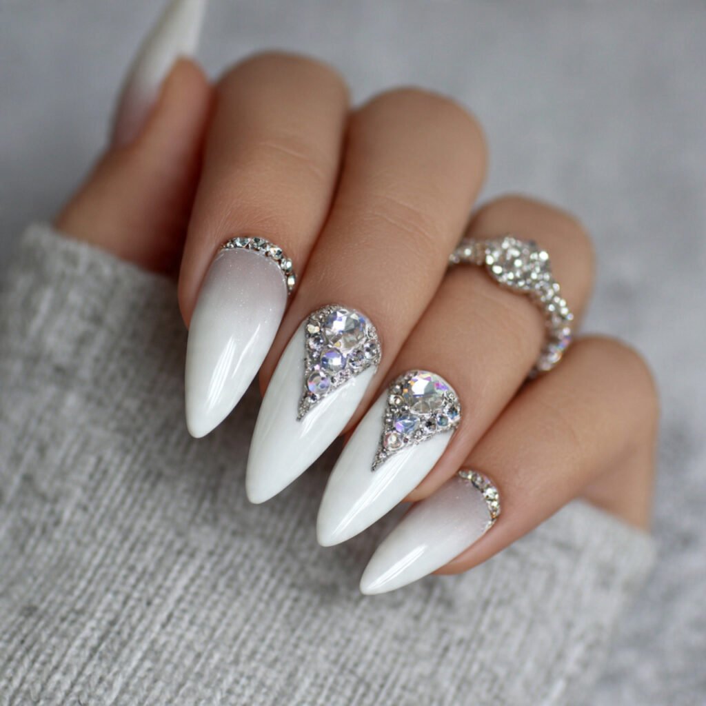 snowy white with crystal gems attractive nails