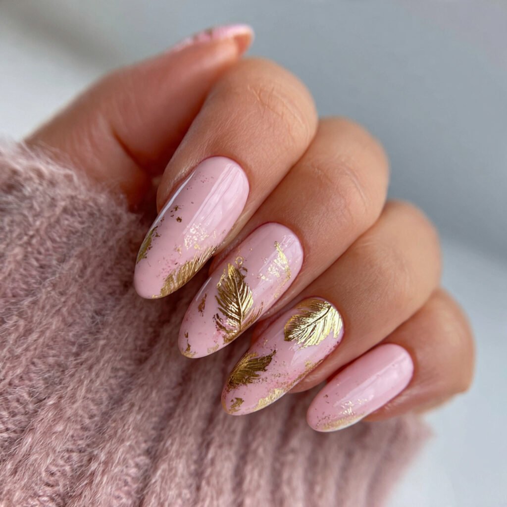 soft pink and gold leaf accents nails