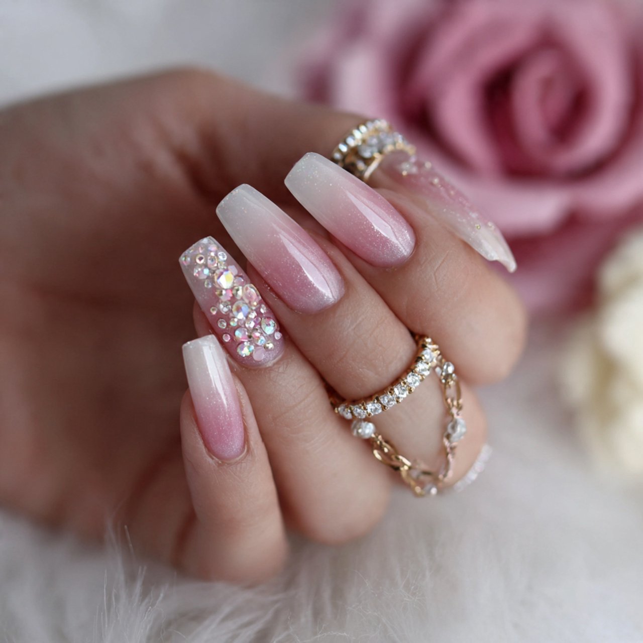 soft pink ombre with tiny rhinestones nature look