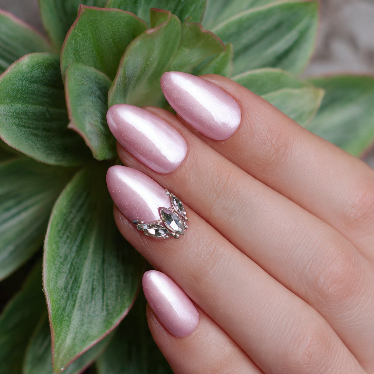 soft pink with silver cat eye accent nails nature