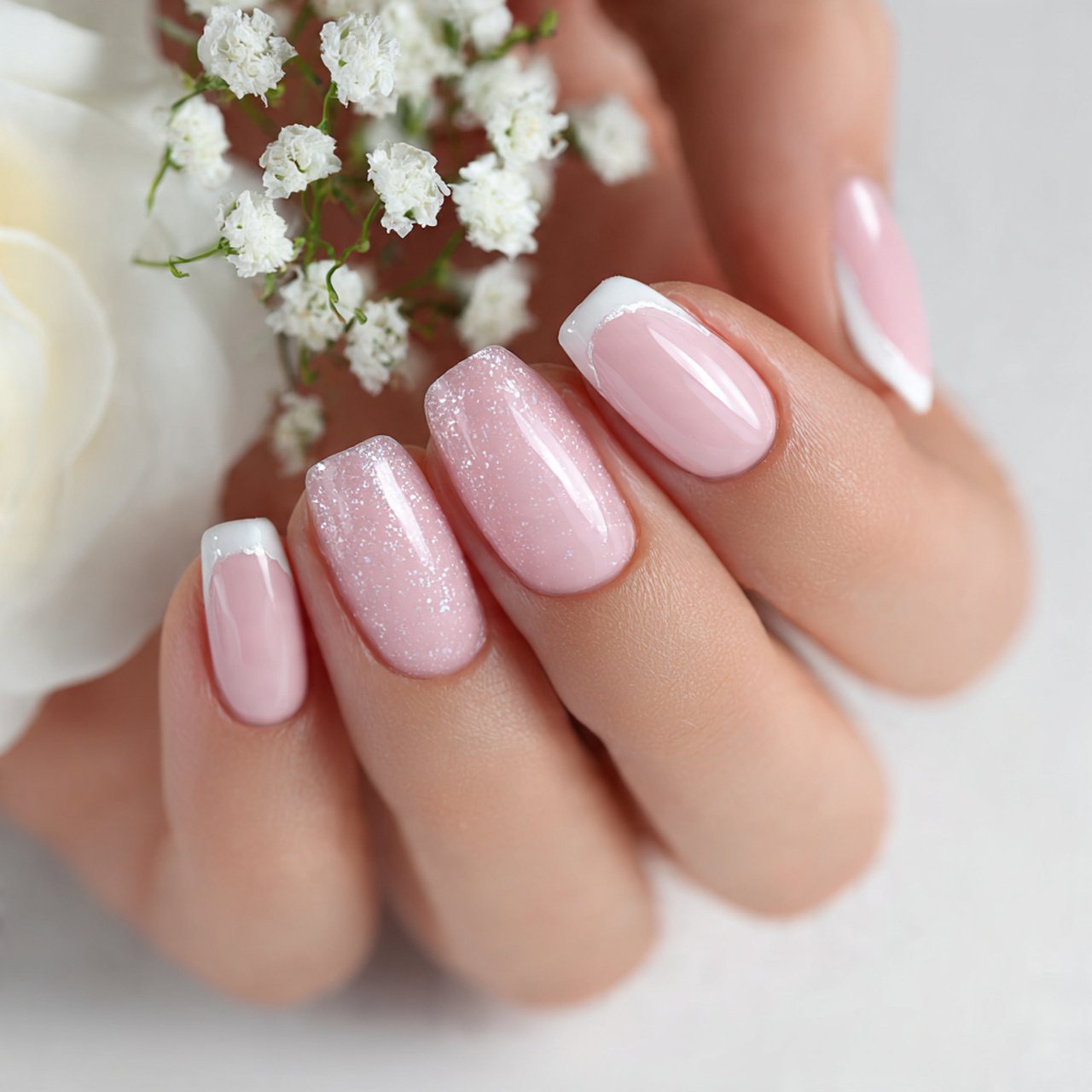 soft pink with white accents attractive look nails