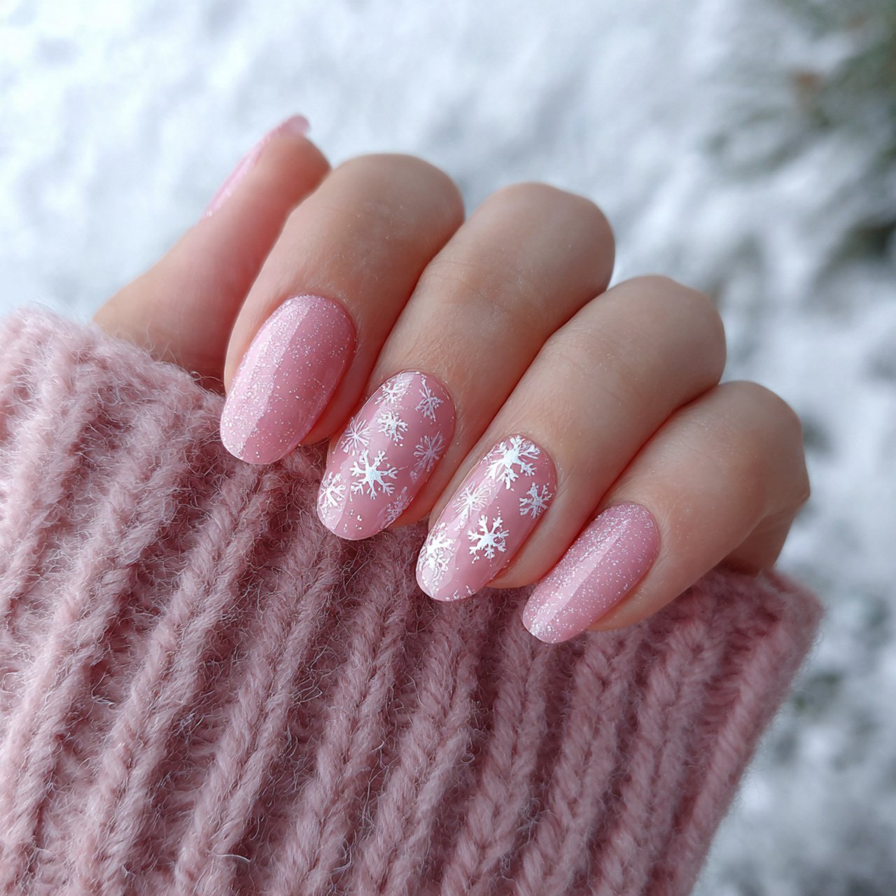 soft pink with white snowflakes nature look nails