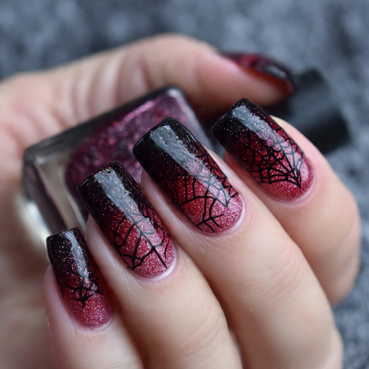 spider web and glitter gradient attractive nails