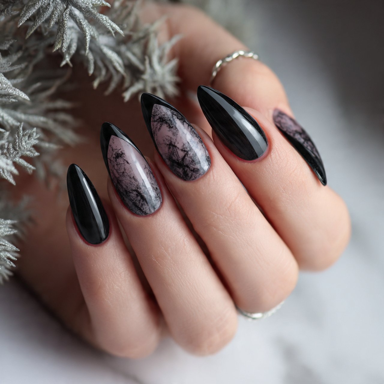 spooky black french tips nature look nails