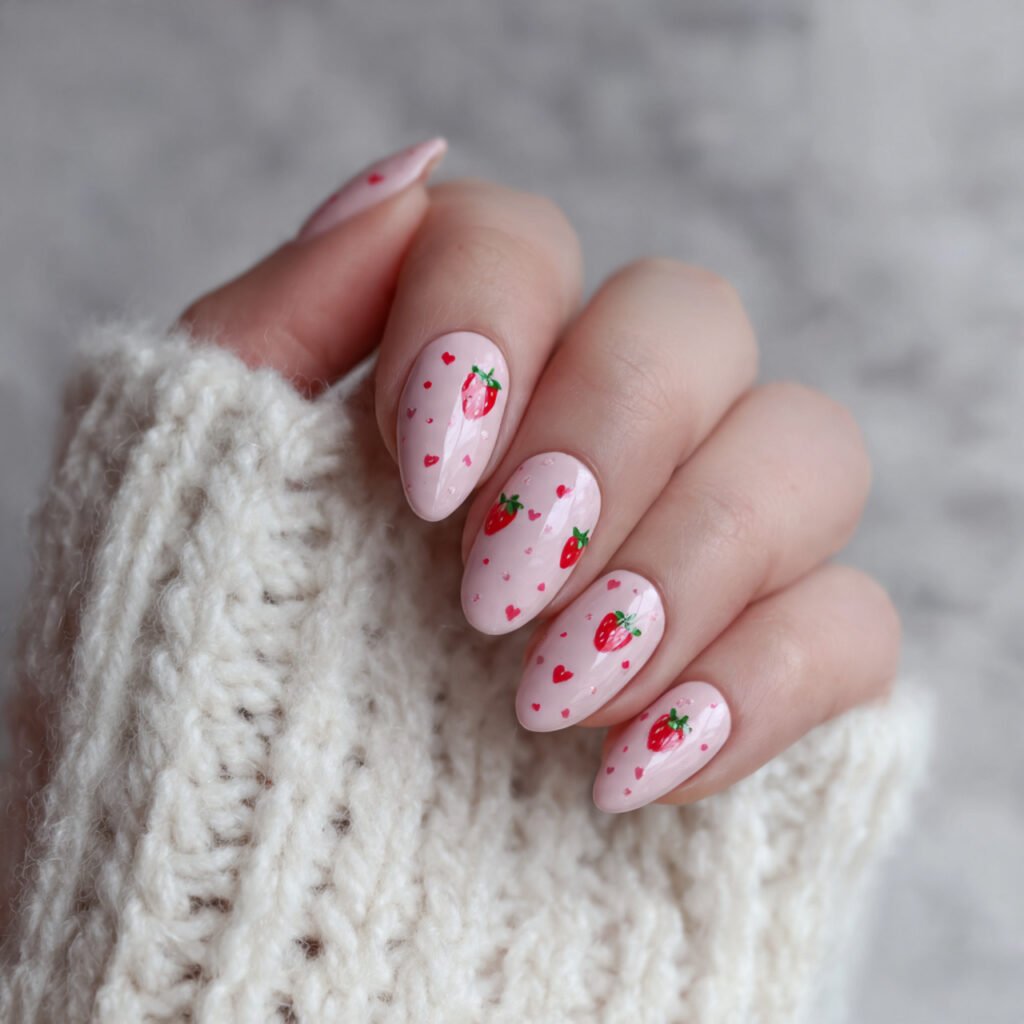 strawberry milk nails with tiny heart accents