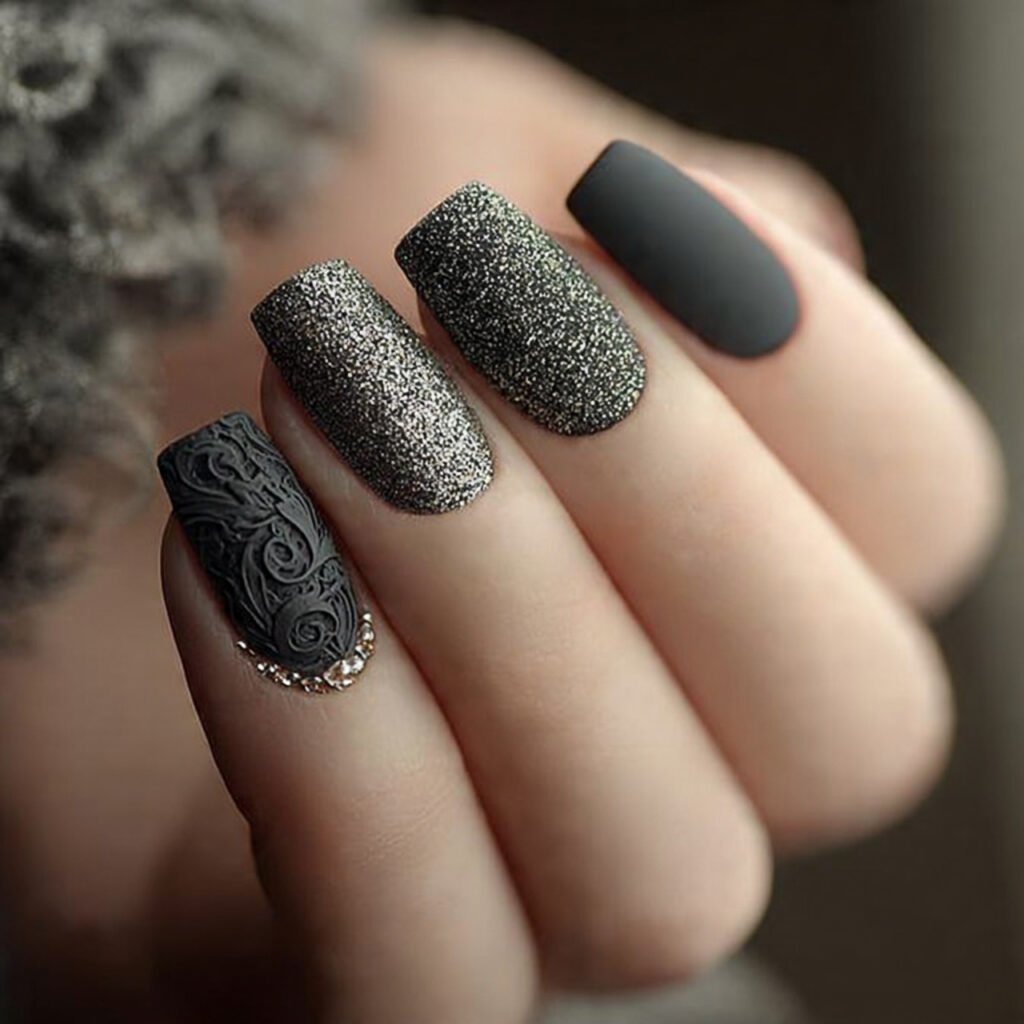 textured glitter and matte accent nails attractive