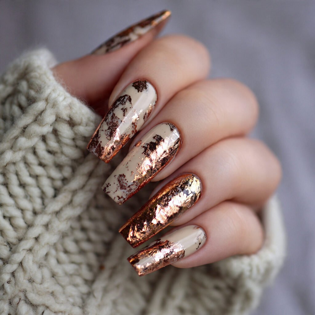 warm beige with copper foil attractive nails