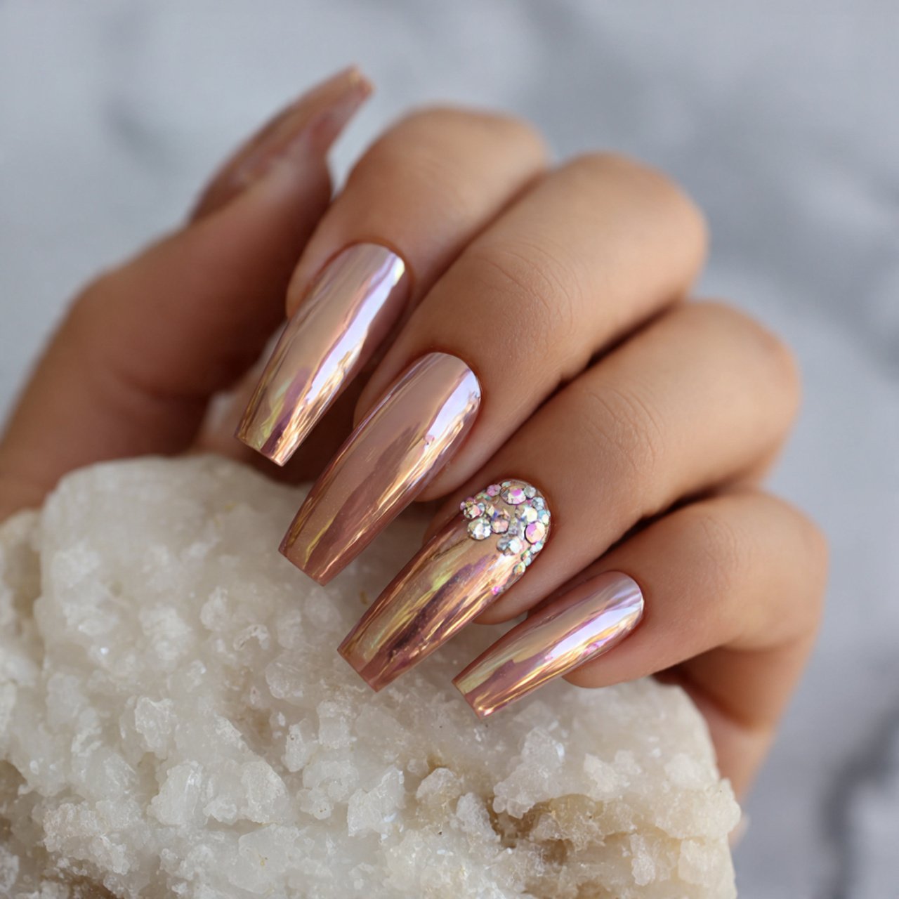 warm caramel beige chrome nails nature looks nails