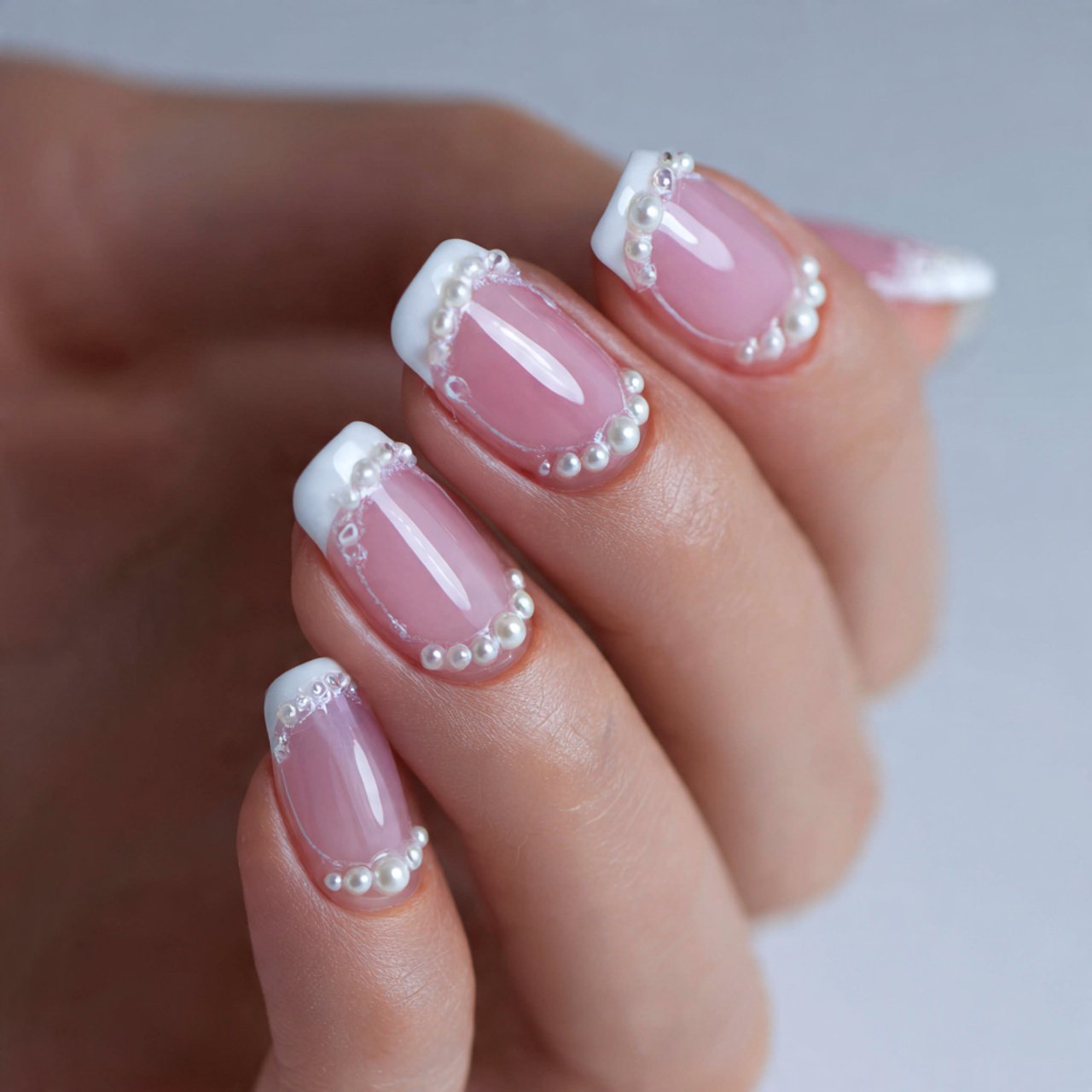 webbed french tips with pearl dots attractive nail
